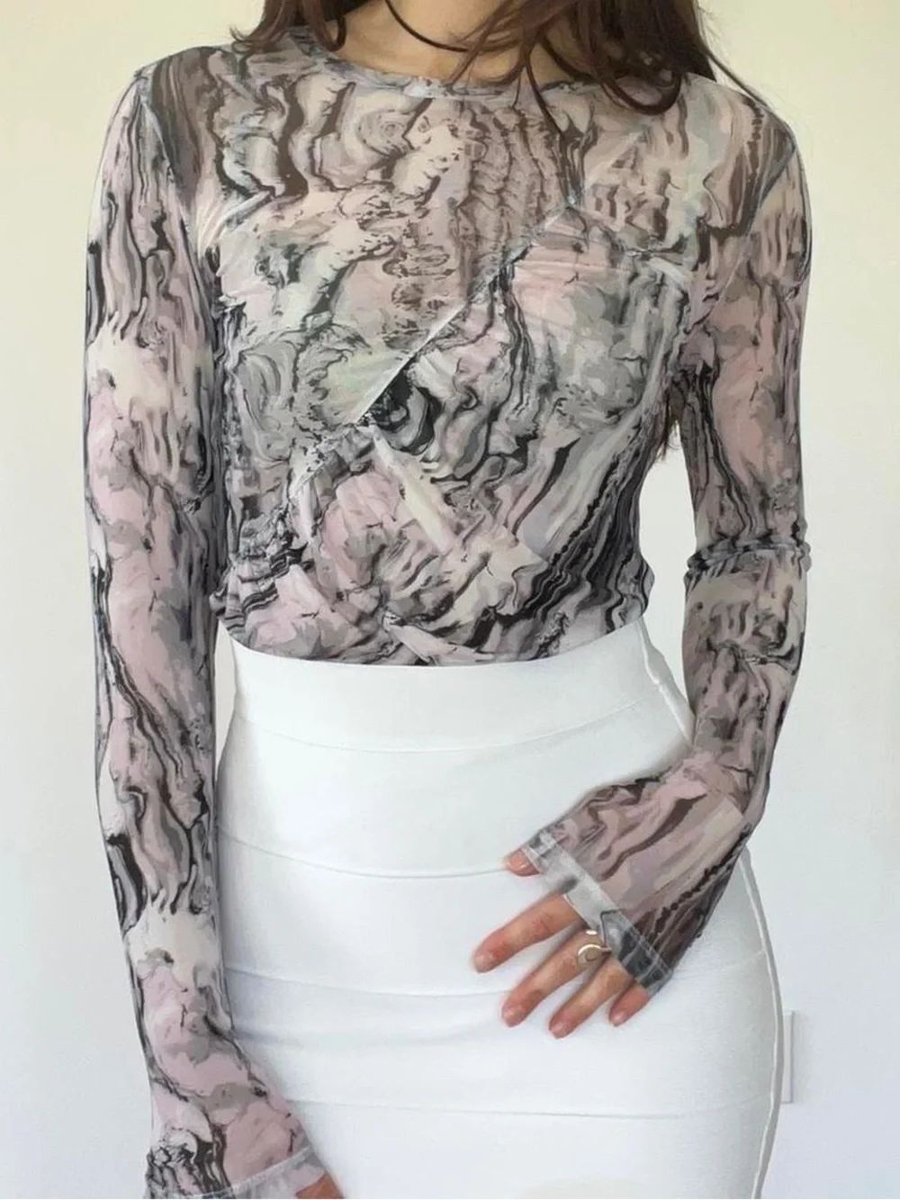 Open Edit Sheer Marble Print Long Sleeve Top